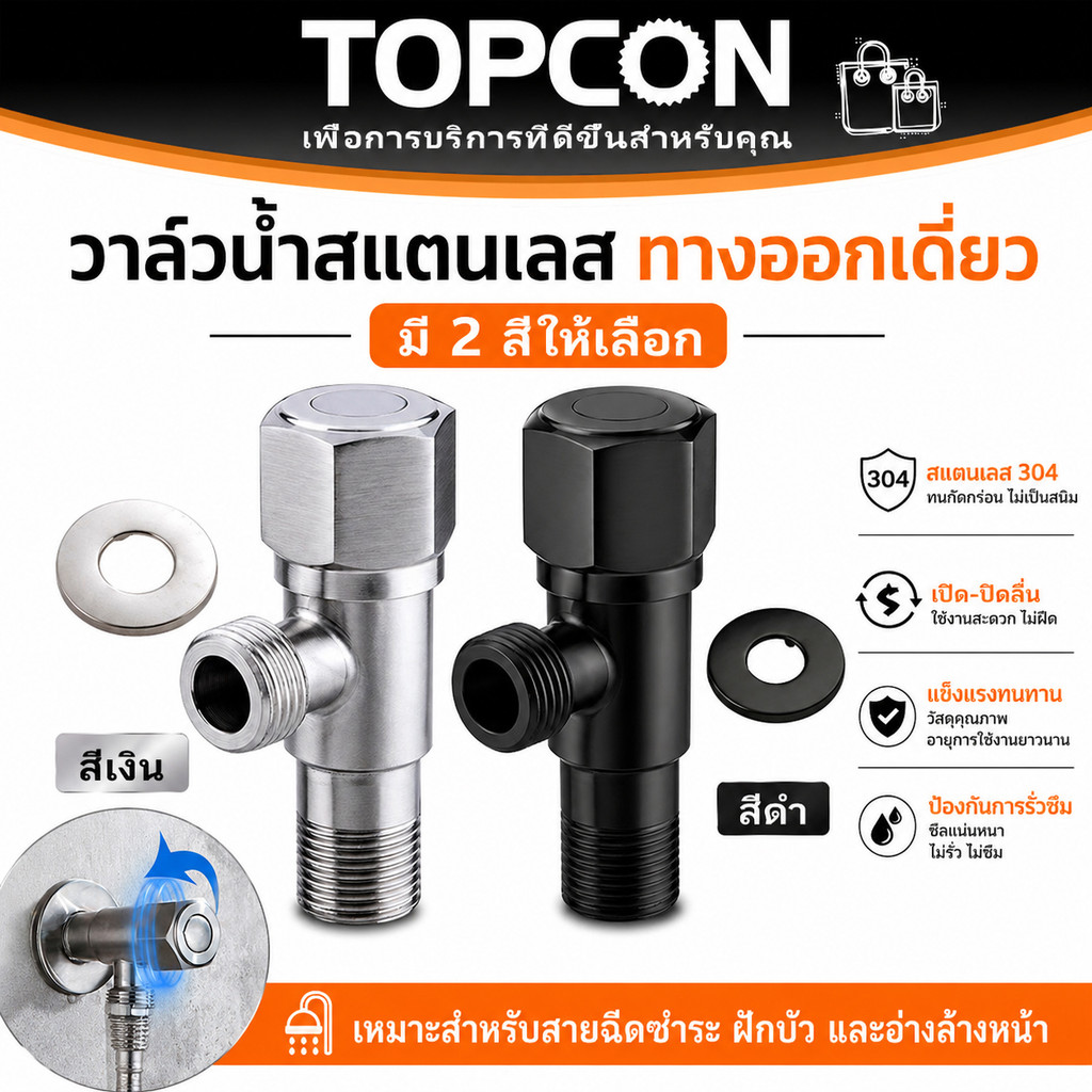 วาล์วฝักบัว สต๊อปวาล์ว 1ทาง 2ทาง วาล์วน้ำสแตนเลส SUS304 เงิน/สีดำ เปิด-ปิดน้ำ ไม่เป็นสนิม แข็งแรง ทนทาน ติดตั้งง่าย