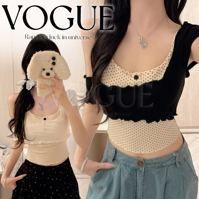 Vogue🌟พร้อมส่ง🌟 เสื้อสายเดี่ยวลายจุด+ปาดไหล่ ได้2ชิ้น แต่งกระดุมขนาดพอดีตัว (FY5052)
