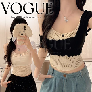 Vogue🌟พร้อมส่ง🌟 เสื้อสายเดี่ยวลายจุด+ปาดไหล่ ได้2ชิ้น แต่งกระดุมขนาดพอดีตัว (FY5052)
