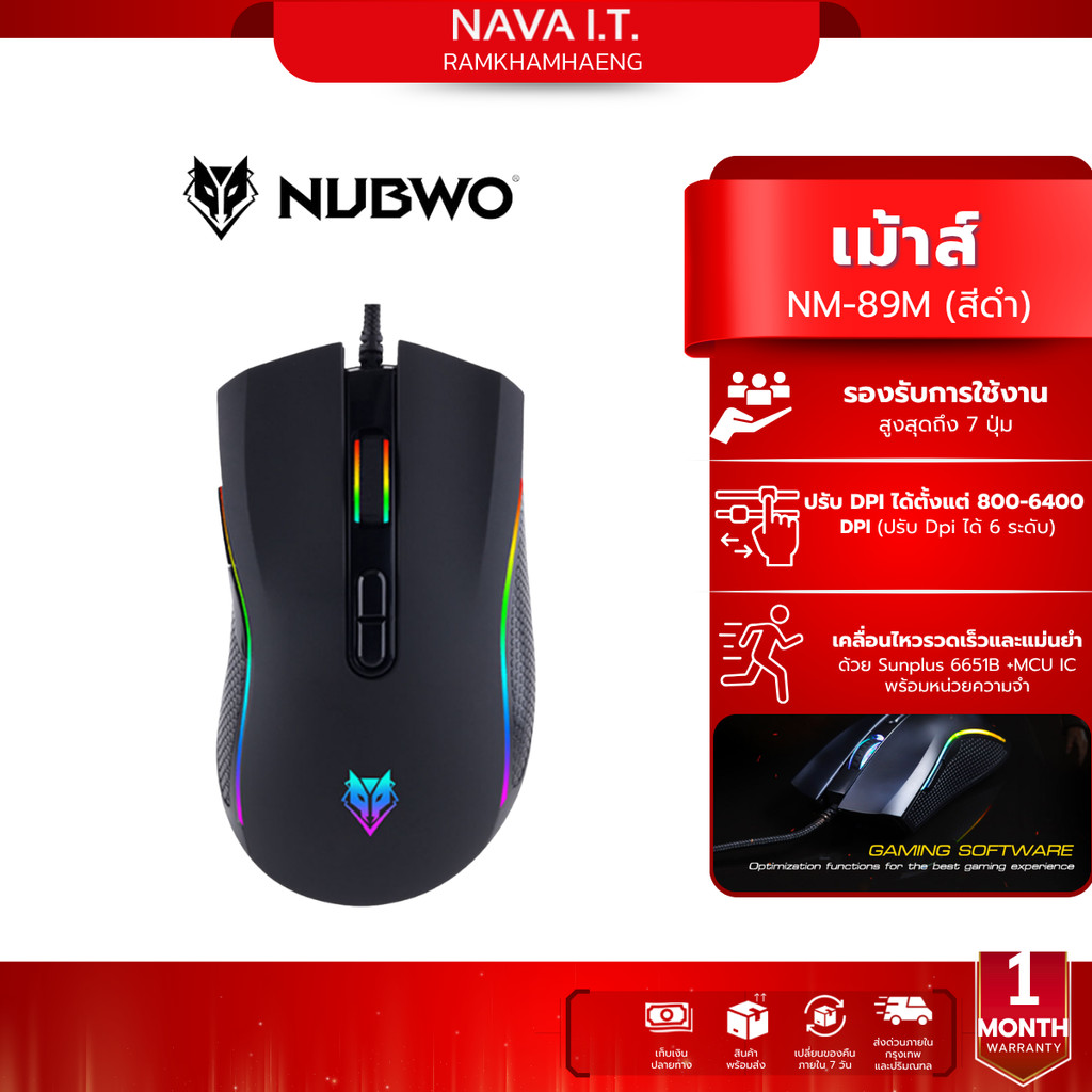 NUBWO NM-89M สีดำ  PLESIOS LED RUNNING LIGHT ไฟ RGB เมาส์เกมมิ่ง