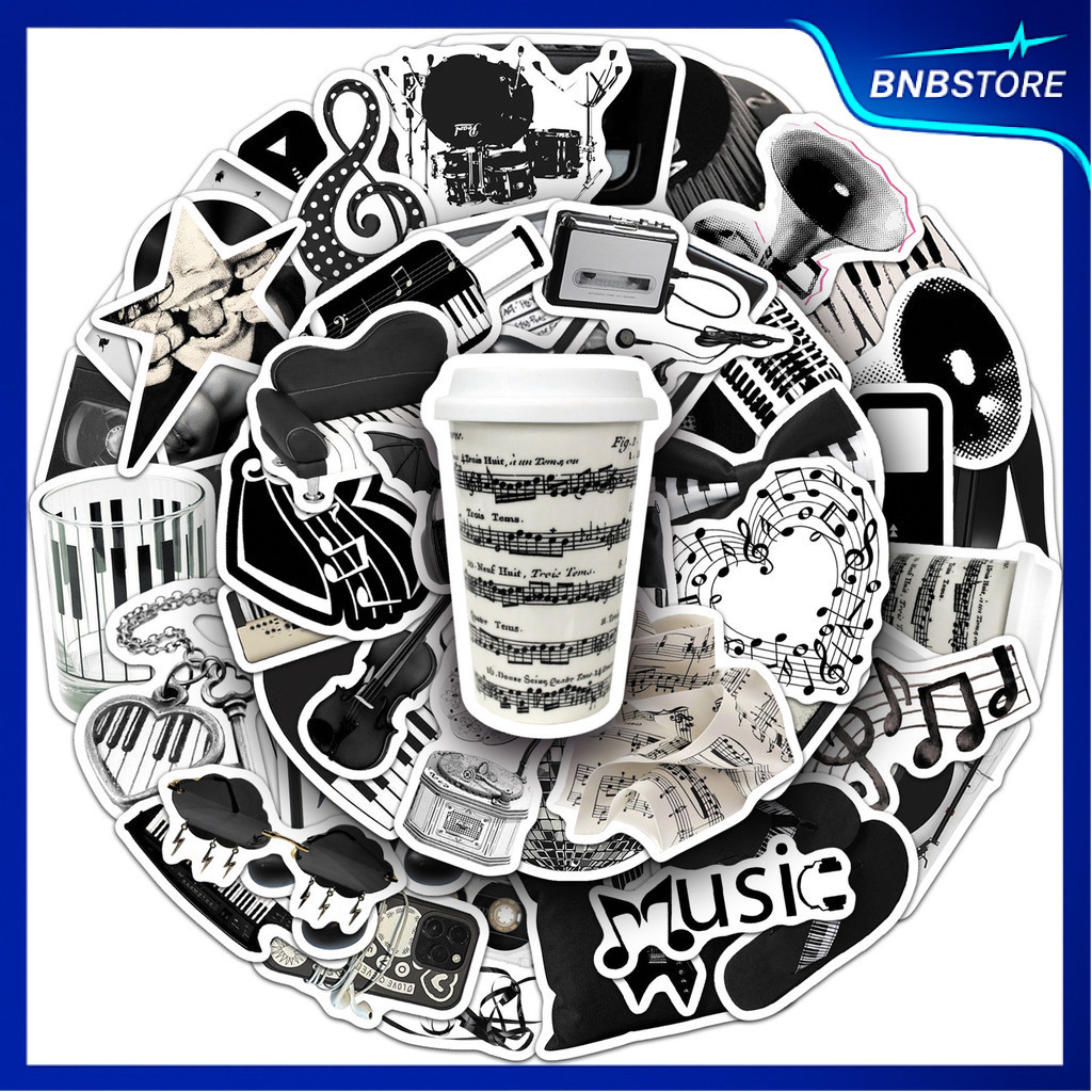 🍀ส่งจากไทย🍀 50แบบ Sticker ขาวดำ เครื่องดนตรี กีตาร์ เปียโน  Black White Music Notes Instrument