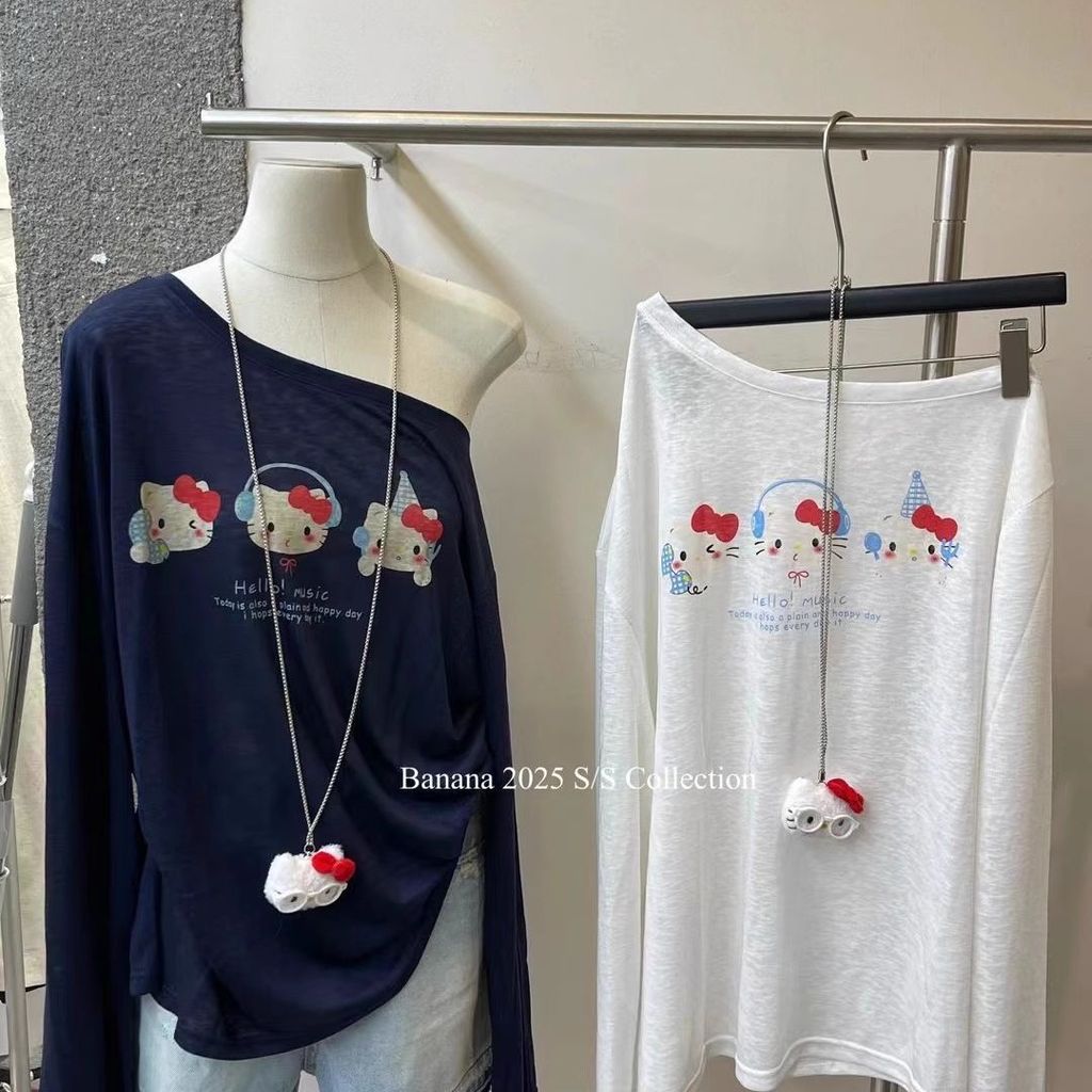 ฤดูร้อนทงแดมุนของเกาหลีใต้พิมพ์แมวใหม่หลวมไหล่บางป้องกันแสงแดดเสื้อยืดแขนยาวสำหรับผู้หญิง