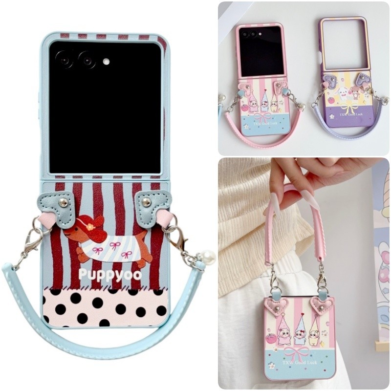น่ารักการ์ตูนสุนัขหนังปลอก Funda สําหรับ Motorola Razr 60 50 70 Ultra Case พร้อมเชือกเส้นเล็กซิลิโคน
