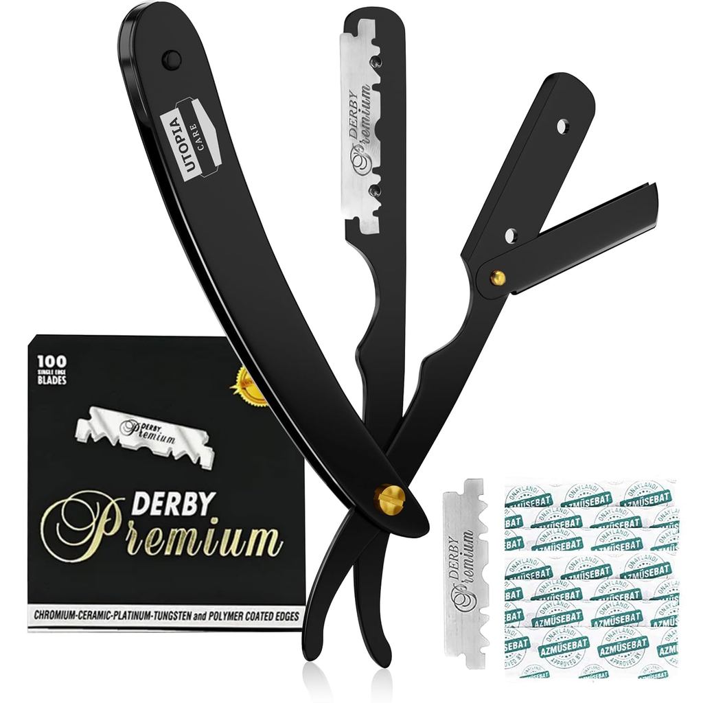 Utopia Care Professional Mens Straight Razor, Barber Straight Blade Razor, 100 Blades, Black
