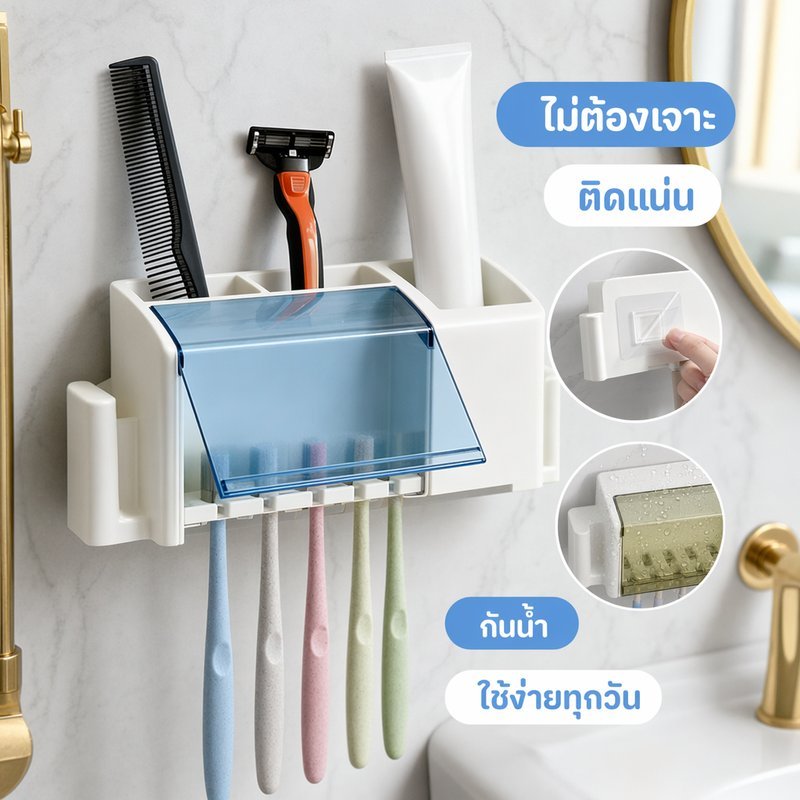 ที่ใส่แปรงสีฟัน ติดผนัง ไม่ต้องเจาะ 5 ช่อง กันฝุ่น ที่วางแก้ว ห้องน้ำ กล่องเก็บของ