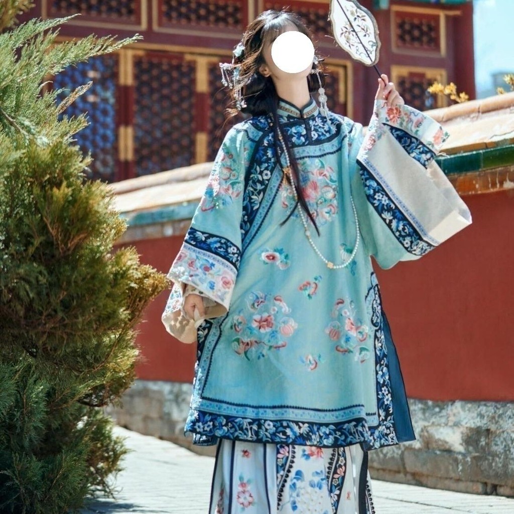 สุภาพสตรี Hanfu Gege เสื้อผ้าผู้หญิงเสื้อผ้าเสื้อผ้าอุตสาหกรรมหนักพิมพ์เครื่องแต่งกายโบราณ Qing Dynasty Palace ชุดจีน Horse Face การถ่ายภาพ Hanfu Travel Pho