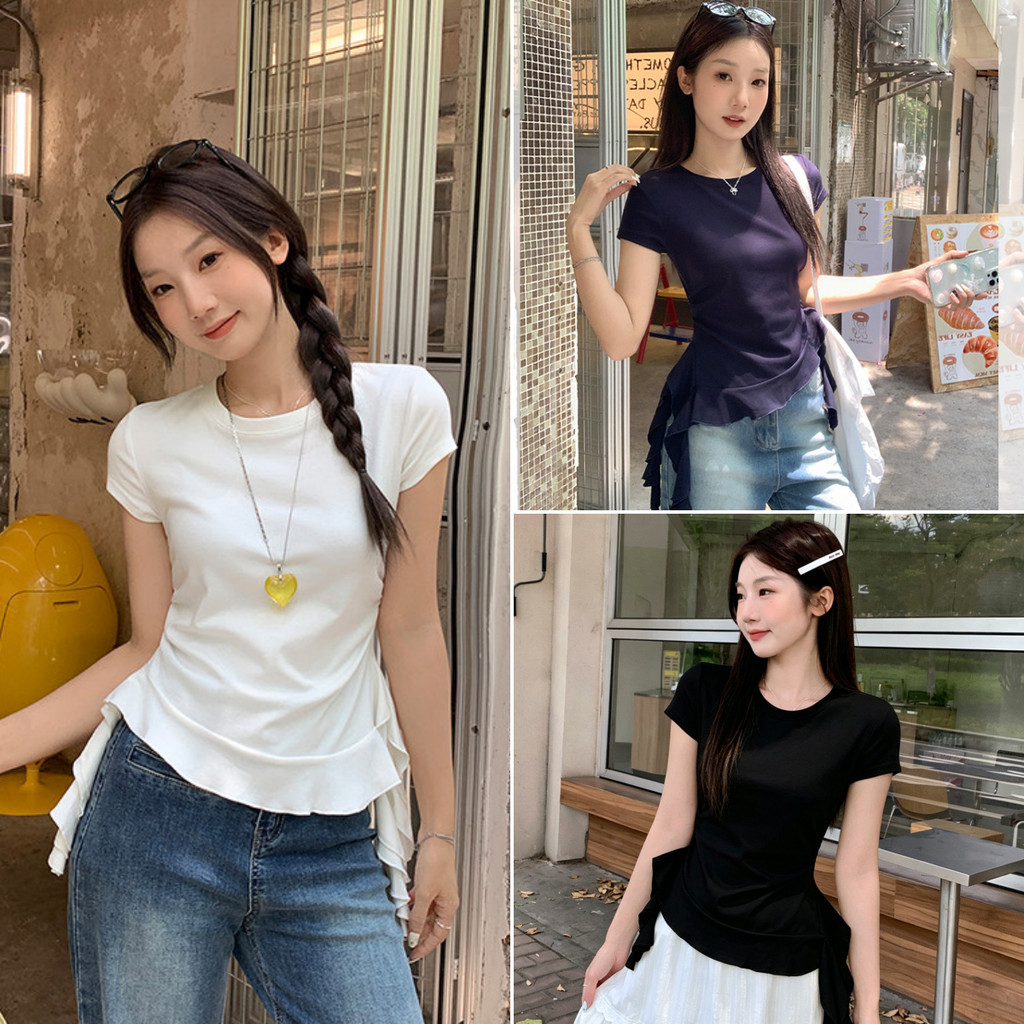 Bella Shop เสื้อยืดสวยๆผู้หญิง เสื้อยืดแฟชั่นคอกลมสีพื้น แขนสั้น ดีไซน์ระบายชายผ้าไม่สมมาตร สไตล์สาวฮอตเกาหลี