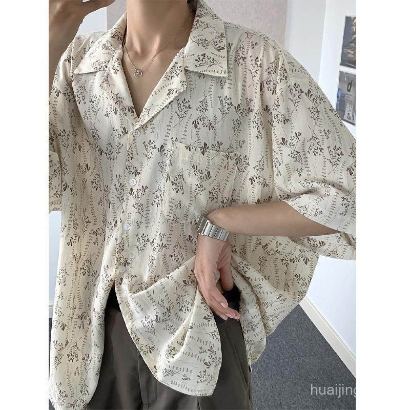 High-End คอคิวบาดอกไม้แขนสั้นเสื้อผู้ชายฤดูร้อนออกแบบ Niche หลวมผ้าไหมน้ําแข็งชายหาดเสื้อผู้ชาย BDE9