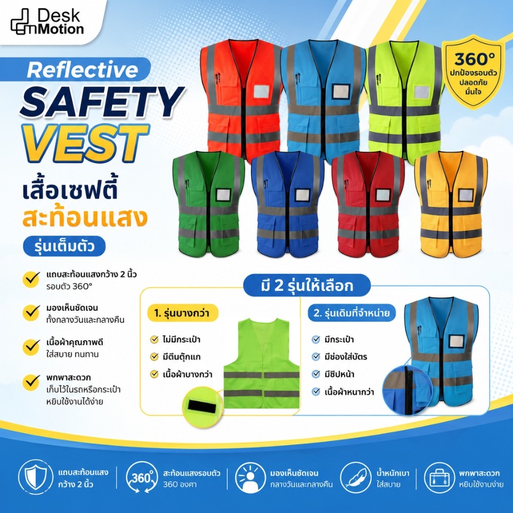 Reflective SAFTY Vest เสื้อเซฟตี้ สะท้อนแสง เสื้อคนงาน รุ่นเต็มตัว มีกระเป๋า OFID