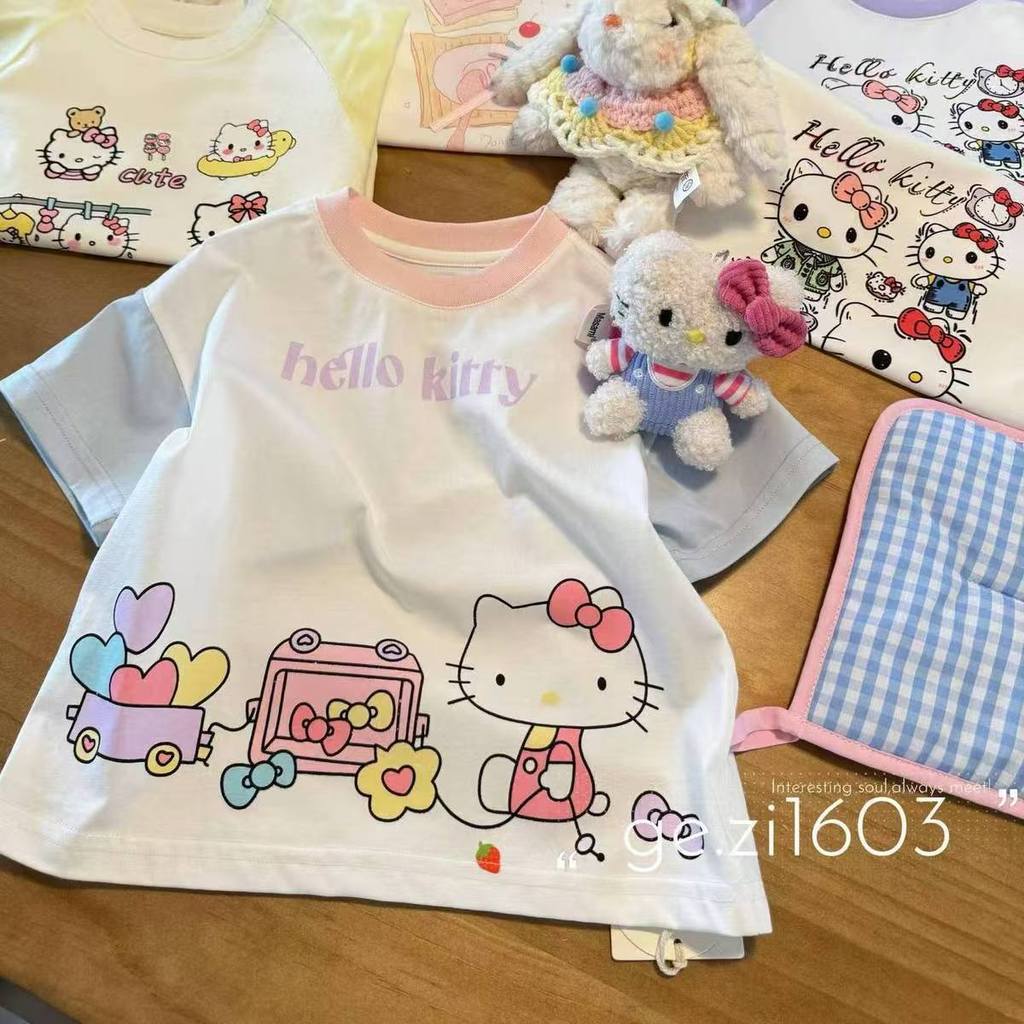 สาวการ์ตูนน่ารักแมวพิมพ์แขนสั้นเสื้อยืดเด็กสบายๆเย็บสี ปลั๊ก-ใน แขน สูงสุด