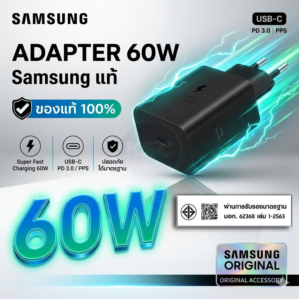 หัวชาร์จของแท้ Samsung Adapter 60W without cable
