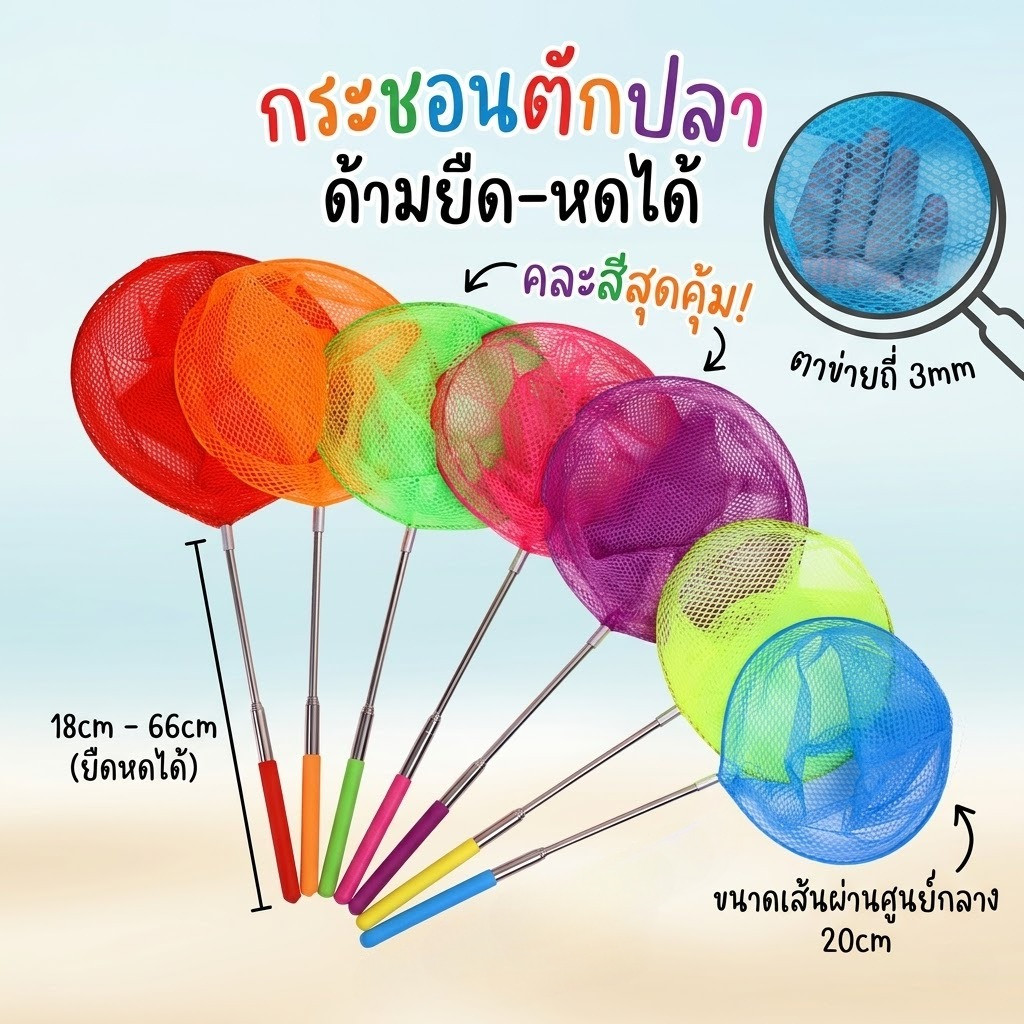 (1ชิ้น) กระชอนตักปลา ด้ามยืด-หดได้ สีสันสดใส คละสี