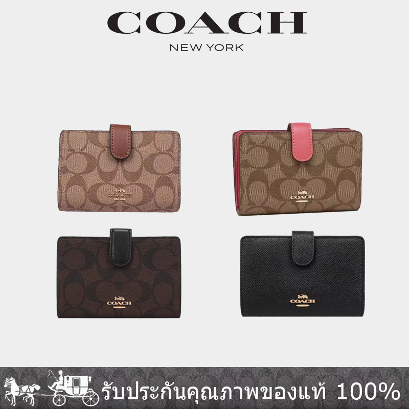 𝐂𝐎𝐀𝐂𝐇 กระเป๋าใส่เหรียญและบัตรสำหรับผู้หญิง จากหนังดีไซน์ลายดอกไม้ประณีต