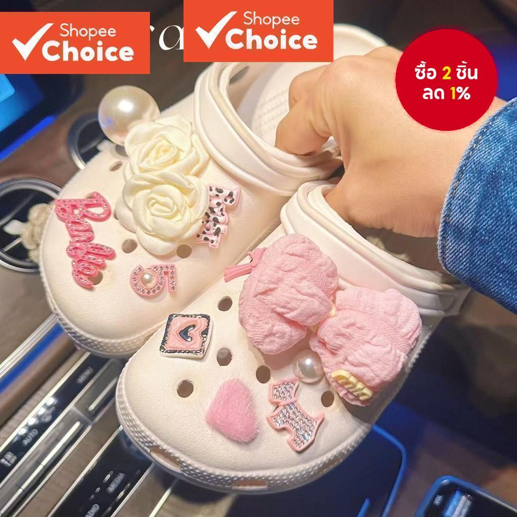 คริสต์มาสสีชมพูรองเท้าเสน่ห์12ชิ้นมุกโบว์ ทําเอง รองเท้าแตะอุปกรณ์เสริม