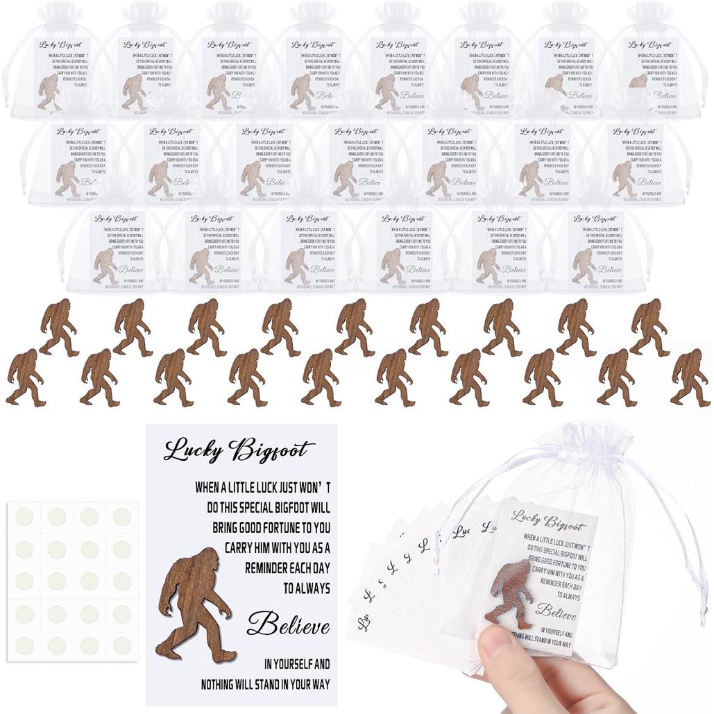32 ชุด Lucky Bigfoot Wood Pocket Hug Token พร้อมการ์ดสร้างแรงบันดาลใจและ Organza กระเป๋า Bigfoot Par