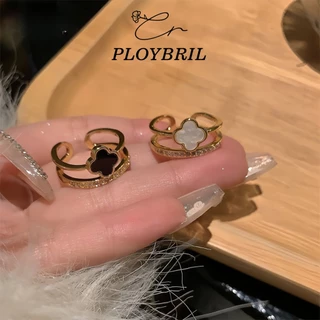 PLOYBRIL COD💖แหวนเปิดนิ้วรูปดอกโคลเวอร์สี่แฉกสองชั้นสำหรับผู้หญิง แหวนนิ้วชี้อเนกประสงค์หรูหรา J038