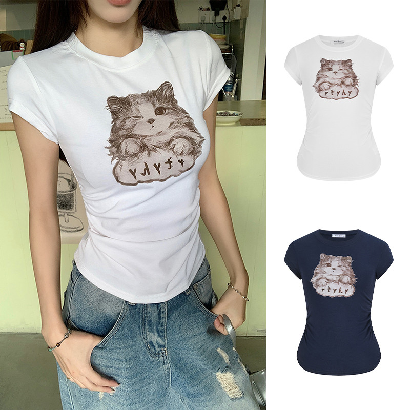 MOSESQUEEN เสื้อยืดแขนสั้นผู้หญิง พิมพ์ลายแมวน่ารักขนาดใหญ่ จากผ้าฝ้ายระบายอากาศได้ดี ดูดซับเหงื่อ เอวยึด และสลิมฟิต  #63520