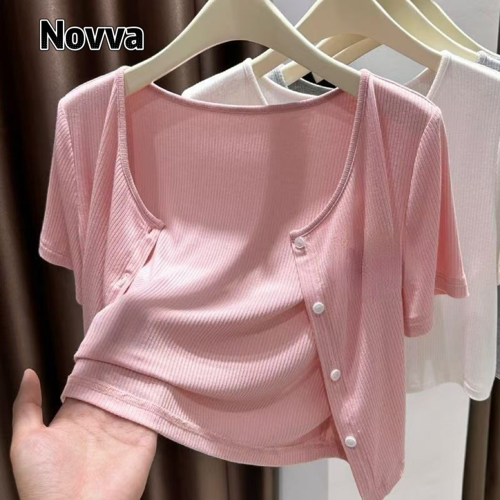 Novva ส่งไวจากไทย เสื้อแขนสั้น กระดุมหน้า ใส่สบาย ลุคเบสิค แมทช์ง่าย 4 สี