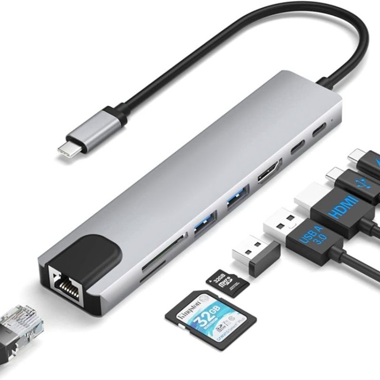 ใหม่ DS-20808 8 in 1 USB-C / Type-C Hub Multiport Adapter พร้อม 4K HDMI,USB 3.0 SD/TF Card Reader, U