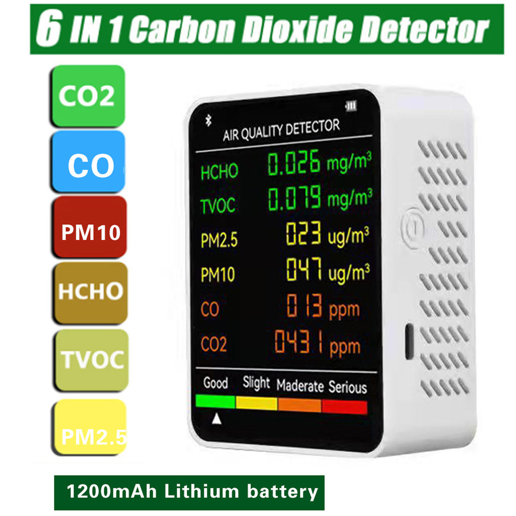 ⚡️จัดส่งในพื้นที่⚡️6 In 1 PM2.5 PM10 HCHO TVOC CO2 มัลติฟังก์ชั่น Air คุณภาพ Monitor แบบพกพา CO2 เครื่องตรวจจับคาร์บอนไดออกไซด์ TVOC HCHO เครื่องตรวจจับ