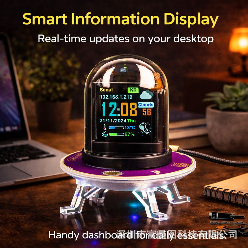 UFO Smart Clock WiFi Weather Time Display Crypto Stock Monitor RGB LED นาฬิกาตั้งโต๊ะมัลติฟังก์ชั่น