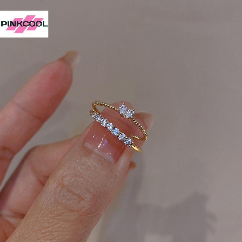 PinkCool 2 ชิ้น/เซ็ต แหวนหัวใจสำหรับผู้หญิง ออกแบบเปิดโล่งพร้อม Rhinestone เครื่องประดับงานแต่งงาน ของขวัญแฟชั่น