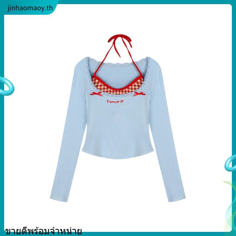 Gjcute เสื้อยืดแผ่นโฟมรอบคอโบว์ตกแต่งรายละเอียดสองขั้นตอนรูปแบบ Y2K Crop Top แฟชั่นสไตล์เกาหลี WTD