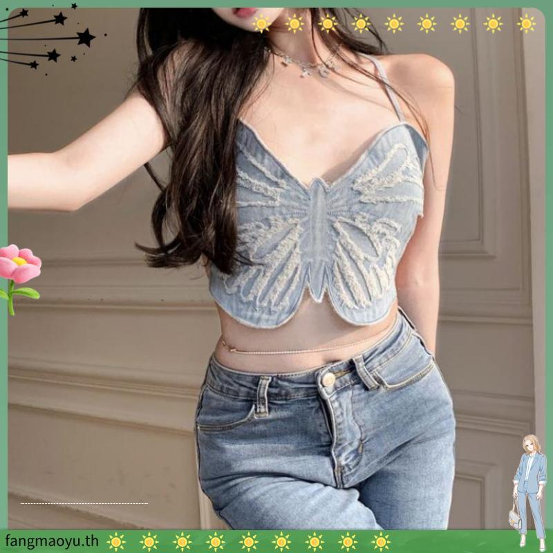 Sweeticme 2022 ใหม่เสื้อยีนส์สําหรับสตรีเซ็กซี่แขนกุดมีสายคล้องคอลายผีเสื้