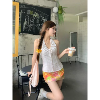 Rosie🎐 พร้อมส่ง💗เสื้อผู้หญิงสายเดี่ยวคล้องคอ ผ้าลินินคอว์ ผูกโบว์หลัง ทรงรัดรูปคอรอป ดูหุ่นเพรียวสวย