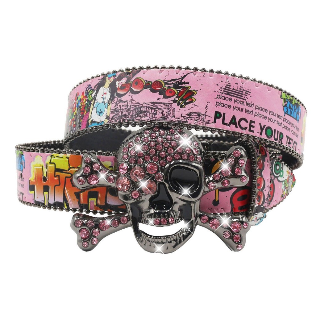 Rhinestone Skull Belt y2k Punk Retro Rock Rapper Rapper Hip Hop High Street Belt เข็มขัดอเมริกัน
