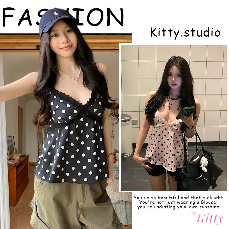 kitty พร้อมส่ง 🌸 เสื้อท็อปสายเดี่ยวลูกไม้   ลายจุดโปโล ใส่สบาย ลายจุดโปโล เหมาะใส่คู่เสื้อคลุม ใส่สบาย ใส่ไปเที่ยวได้