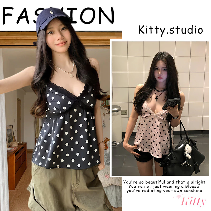 kitty พร้อมส่ง 🌸 เสื้อท็อปสายเดี่ยวลูกไม้ ลายจุดโปโล ใส่สบาย ลายจุดโปโล เหมาะใส่คู่เสื้อคลุม ใส่สบาย ใส่ไปเที่ยวได้