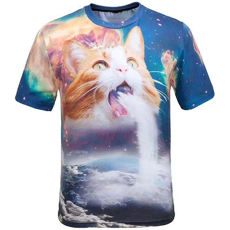 3D พิมพ์แมวตลกเสื้อยืดสําหรับชาย Galaxy อาหารกราฟิกแขนสั้น Tees ฤดูร้อน Casual บุคลิกภาพเสื้อรอบคอ T