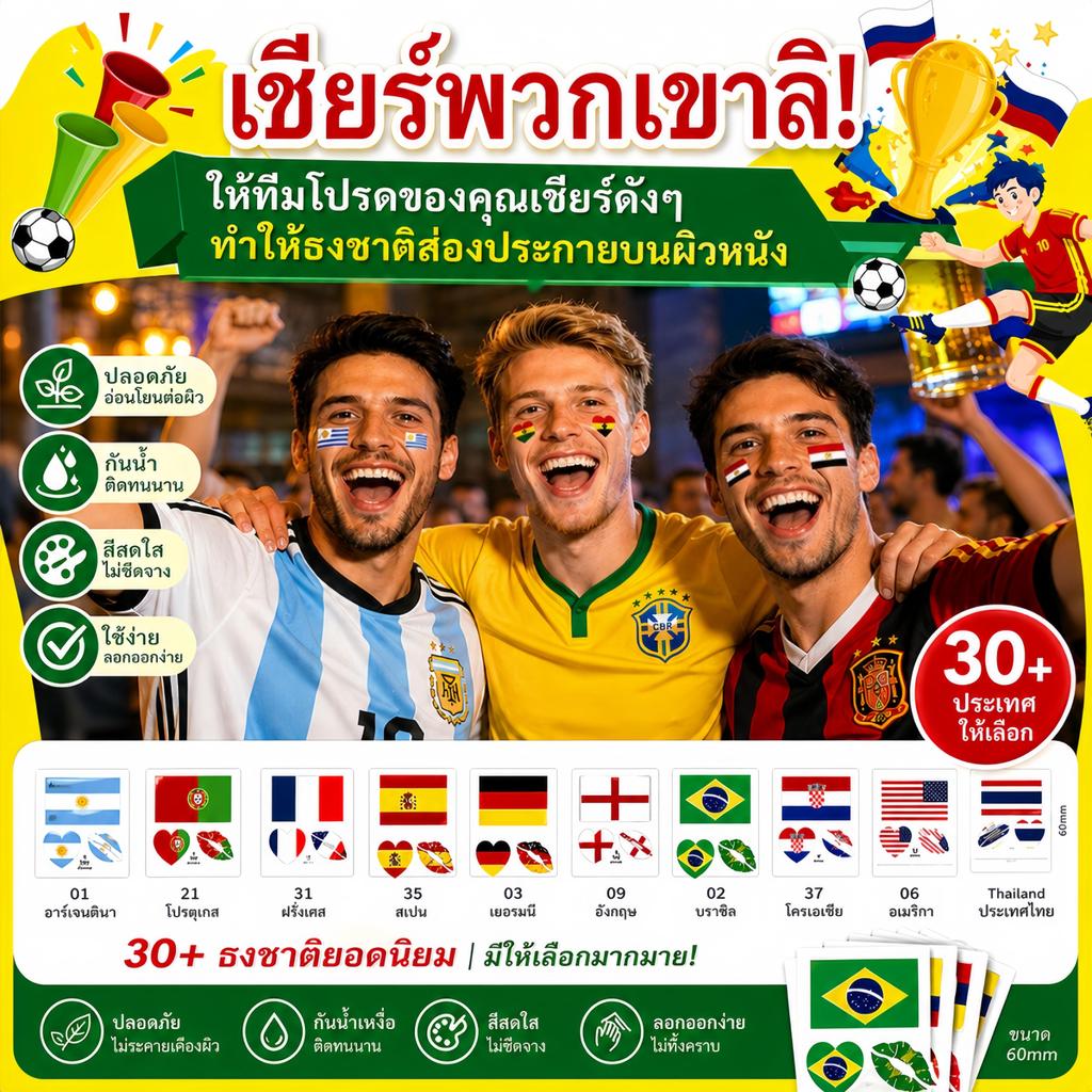 สติกเกอร์รอยสักแก้มชั่วคราว ลายธงชาติและธงชาติไทยจากฟุตบอลโลก 2026– เชียร์ทีมโปรดของคุณ!