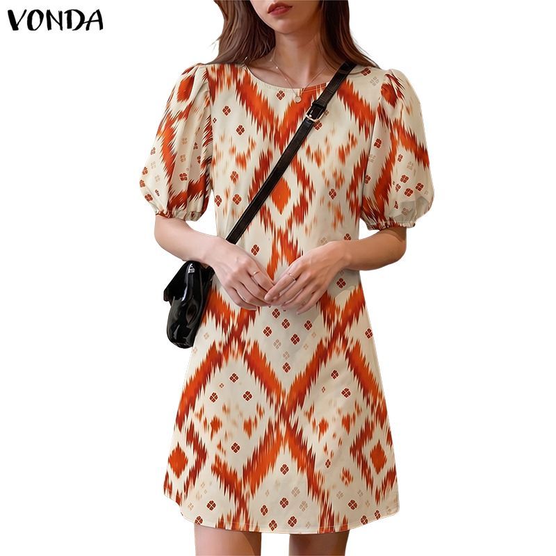 VONDA ผู้หญิงเกาหลีโบฮีเมียนสไตล์วันหยุดรอบคอพัฟแขนพิมพ์เรขาคณิต A-Line Dresses