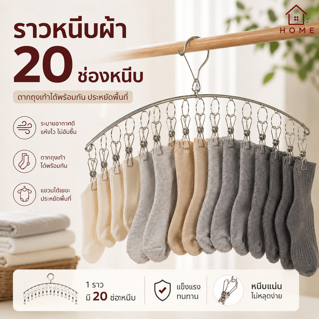 Home007 พวงหนีบผ้า โค้ง 20 ตัวหนีบ สแตนเลส พวงแขวนผ้า ที่หนีบผ้า ตากรองเท้าได้ ราวหนีบผ้า ราวตากชุดชั้นใน ราวตากถุงเท้า