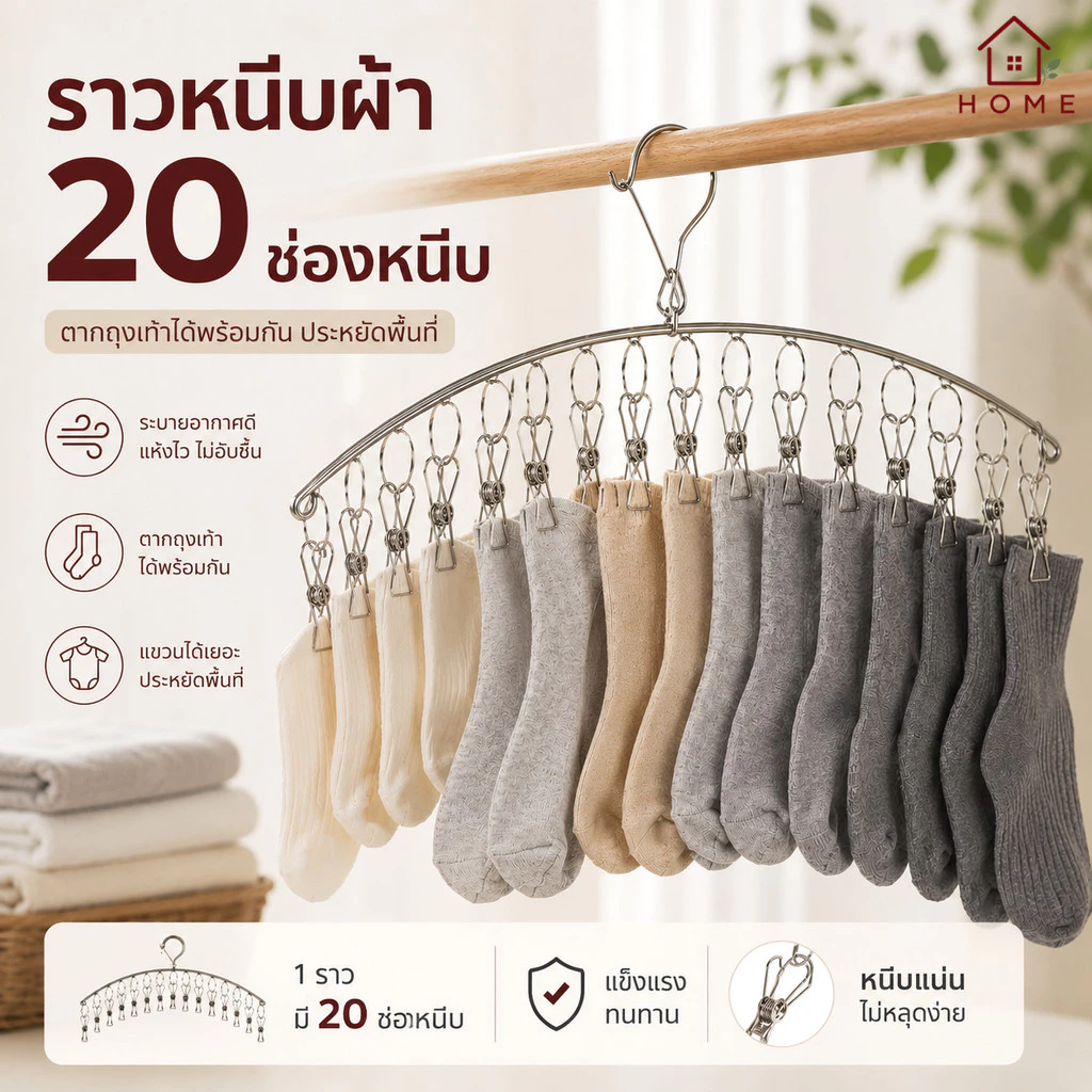 Home007 พวงหนีบผ้า โค้ง 20 ตัวหนีบ สแตนเลส พวงแขวนผ้า ที่หนีบผ้า ตากรองเท้าได้ ราวหนีบผ้า ราวตากชุดชั้นใน ราวตากถุงเท้า