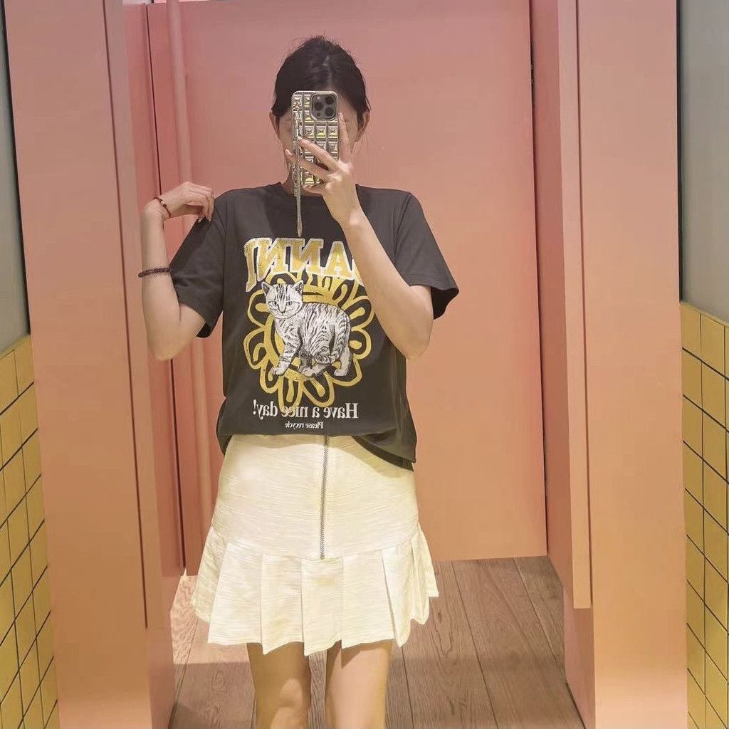 Gaooi ฤดูร้อนสไตล์ใหม่แมวพิมพ์แขนสั้นเสื้อยืดผู้หญิงรอบคอ Casual Niche All-Match หลวมคู่ด้านบน
