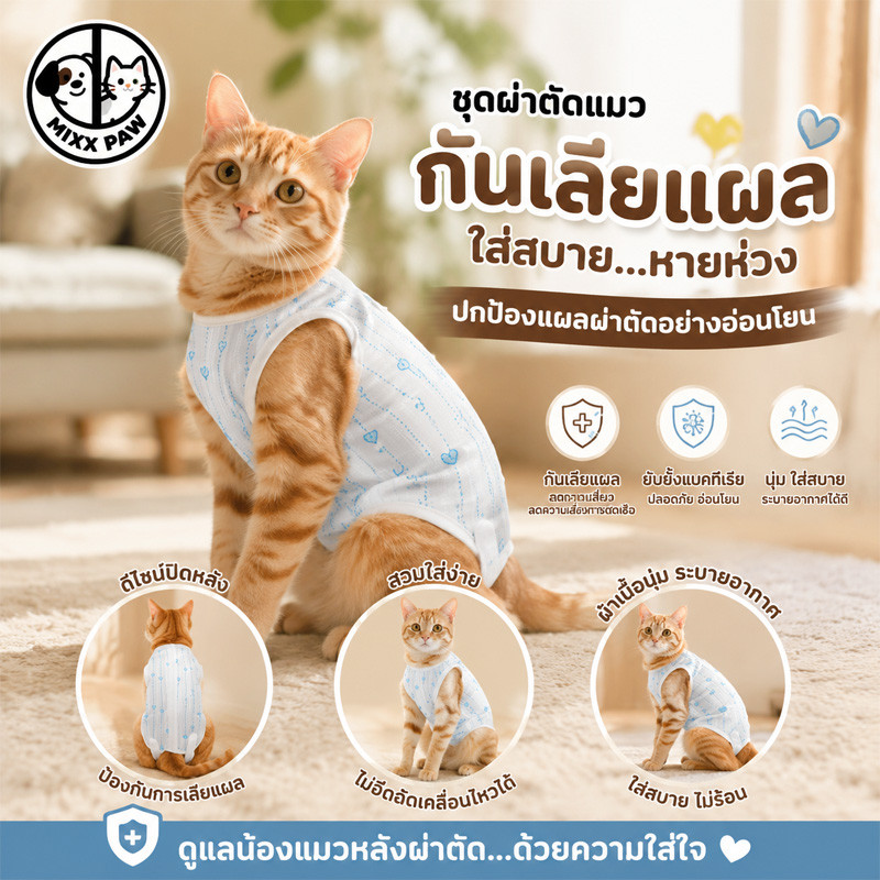 เสื้อทำหมันสัตว์เลี้ยง เสื้อหลังผ่าตัด ป้องกันการเลีย ผ้ายืด นิ่ม ไม่ถูแผล สีสวย เสื้อแมว S-XL