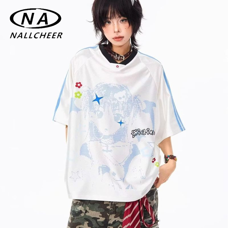 NALLCHEER Jersey เสื้อยืดแขนสั้นคอวีหลวมสบายๆ Y2g Millennium Style Top