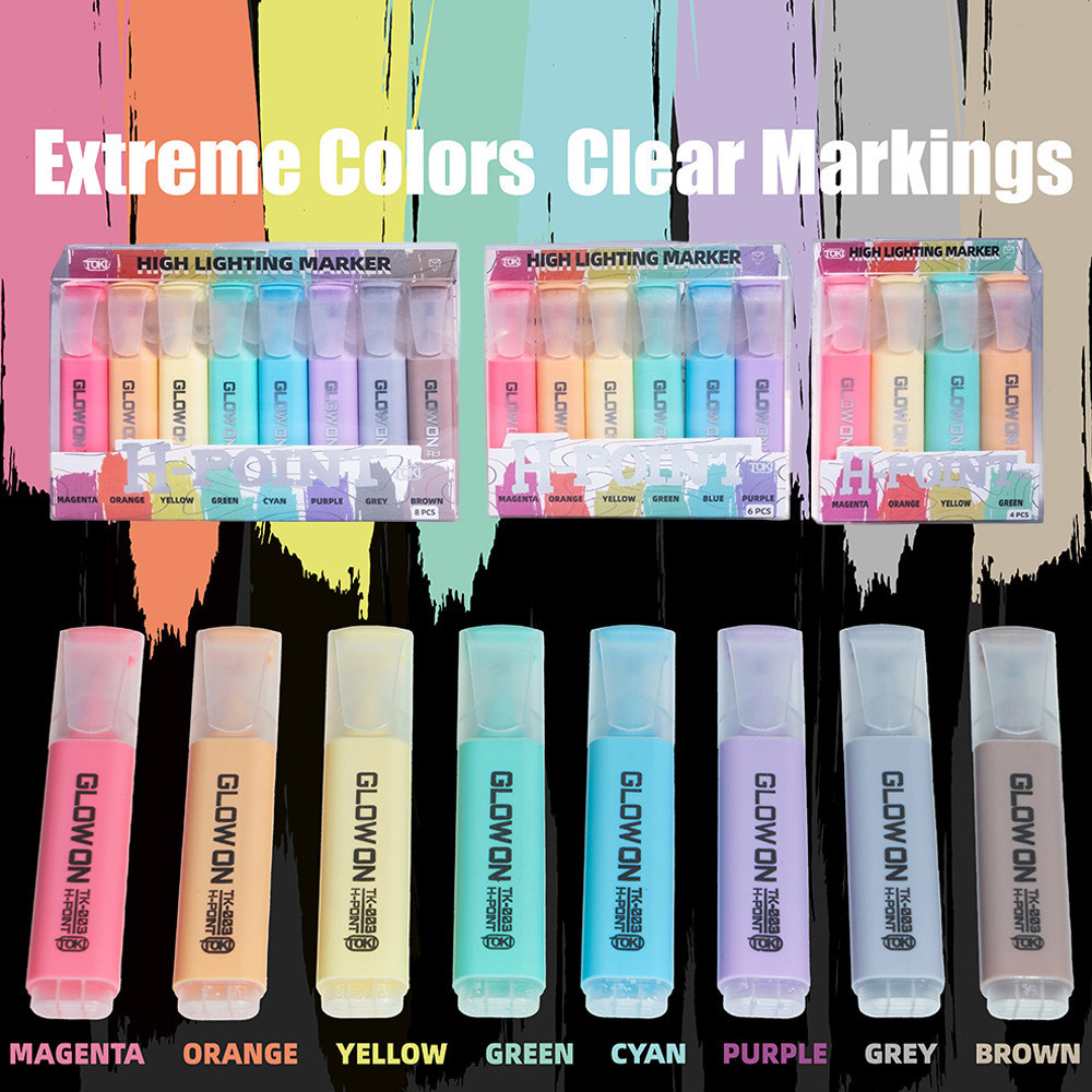 ปากกาไฮไลท์สีมาการอง 4/6/8 สี หัวตัดเฉียง แห้งไว ปากกาเน้นข้อความ สีพาสเทล จดโน้ต Journal เครื่องเขียน