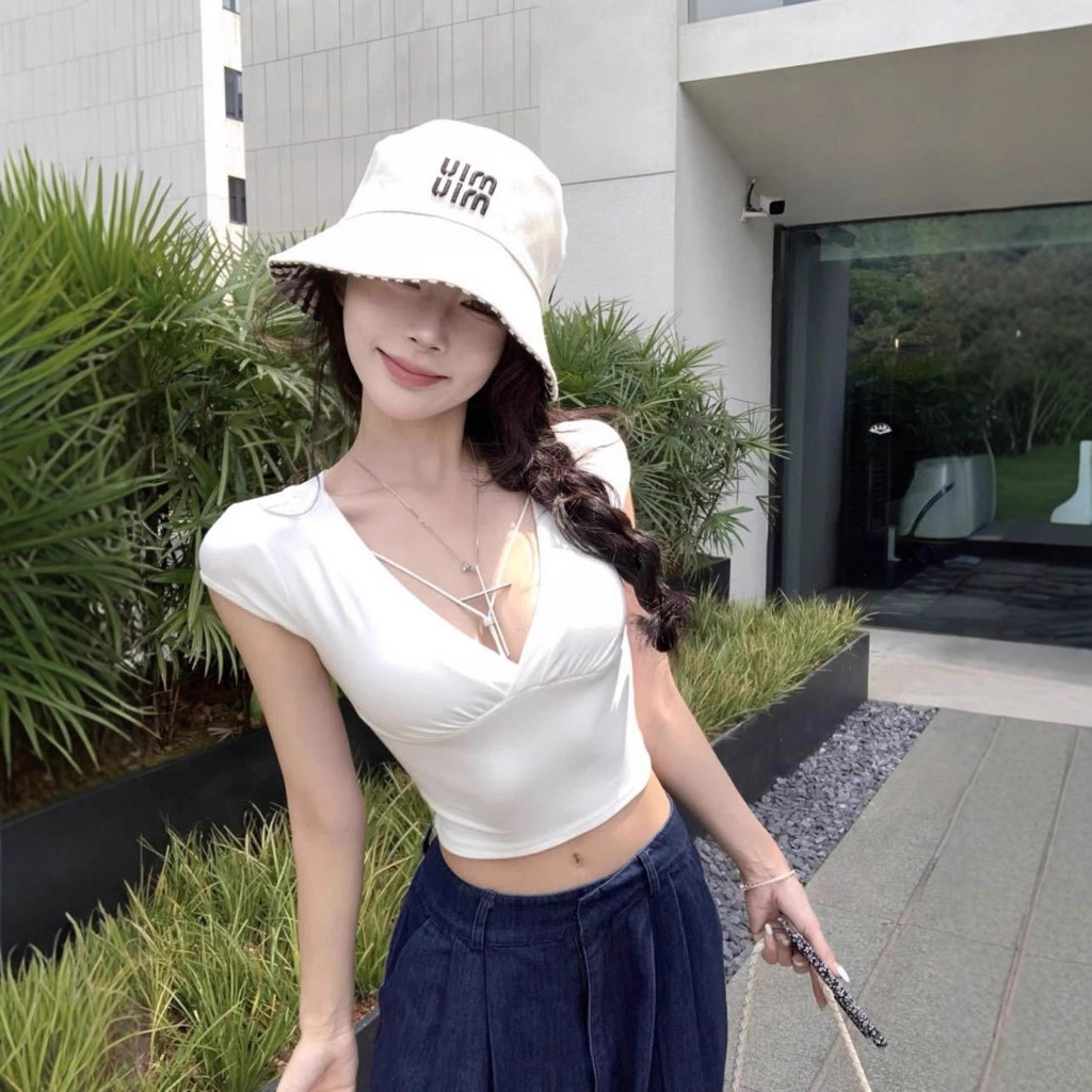 5119#夏季新款纯欲性感深V领正肩短T恤小衫收腰紧身显瘦修身百搭 AEY5