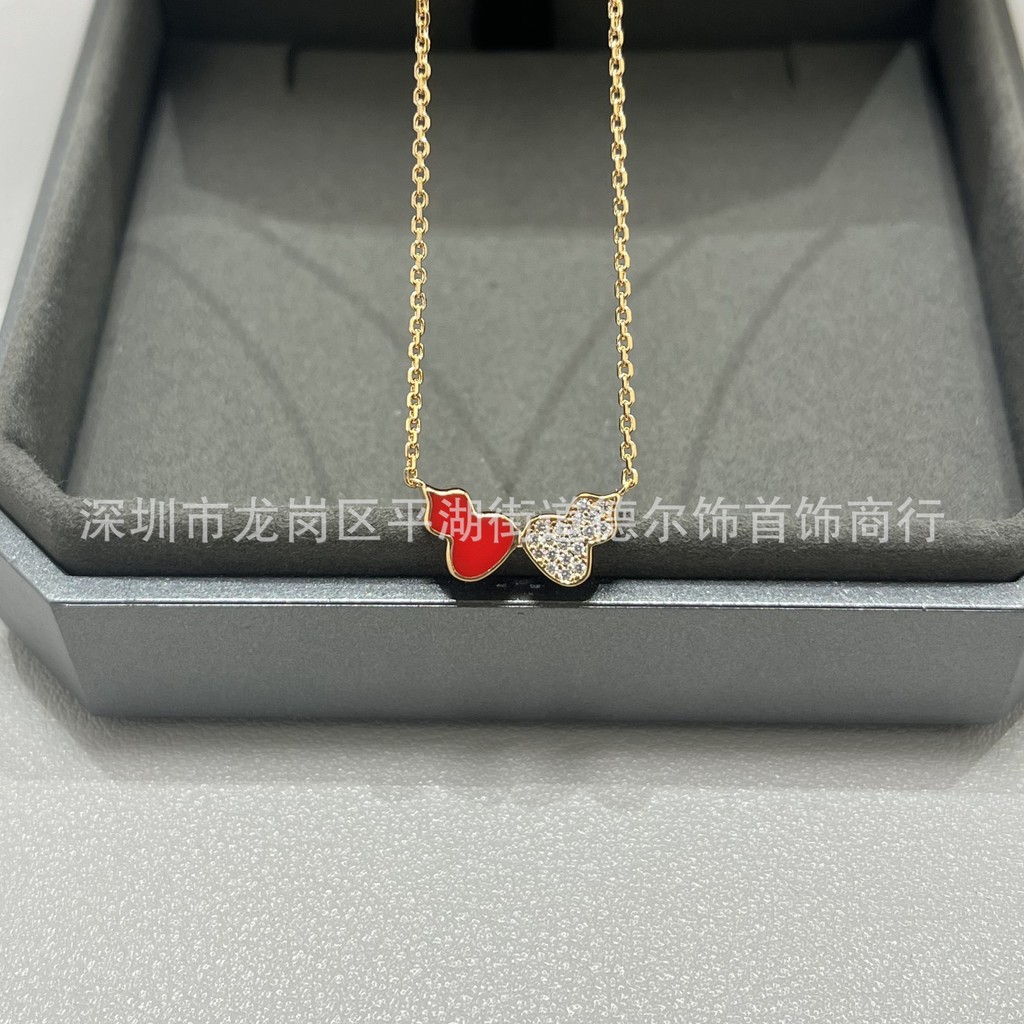 Qeli * V Gold Plated Mic Gold Red Diamond Double Gourd Necklace Handmade Diamond-studded New Year Re