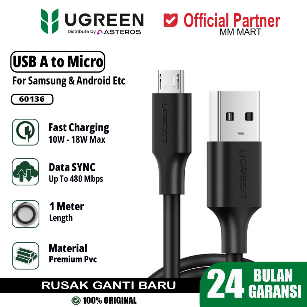 UGREEN Micro USB Fast Charging Data Cable 18W Premium PVC US289 60136 ของแท้