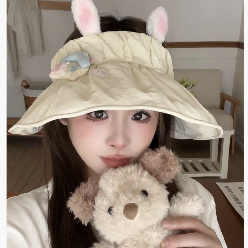 หมวกกันแดดการ์ตูนฤดูร้อน ป้องกันUV พับได้ กระบอกกว้าง หน้าเล็ก