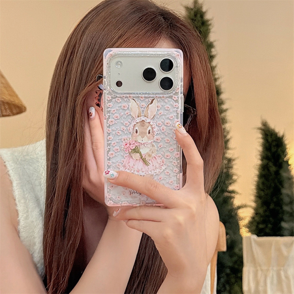 เกาหลีน่ารักดอกไม้สีชมพูกระต่ายสําหรับ ไอโฟน 15 เคสโทรศัพท์ 17 มือโปร สูงสุด 16 มือโปร สูงสุด 17 ฝาครอบโทรศัพท์วันวาเลนไทน์ของขวัญวันเกิด