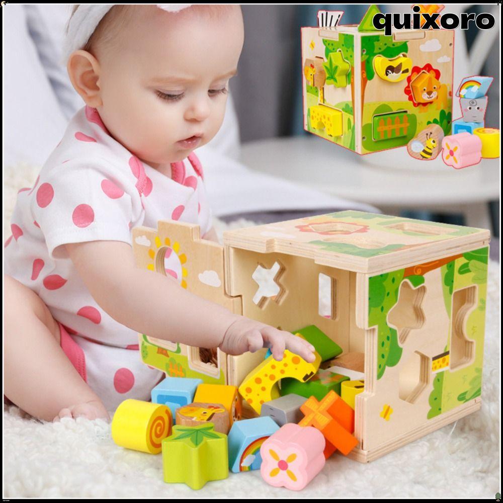 QUIXORO ไม้กิจกรรม Cube, Sorting Cube Vintage ไม้รูปร่าง Sorter ของเล่น,คุณภาพสูงการเรียนรู้ Cube รู