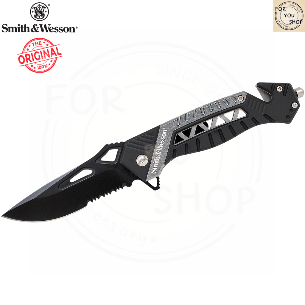 มีดพับ Smith&Wesson SW608S Rescue Flipper ใบมีด 8Cr13MoV 3.4นิ้ว Drop Point คมผสม สีดำ ด้ามอะลูมิเนี
