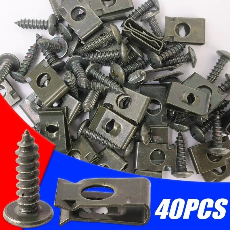 Rideon 40pcs Car Self-tapping Screw Fastener Army Green Metal U-Type Clip Set Mudguard Bumper Modification Clips