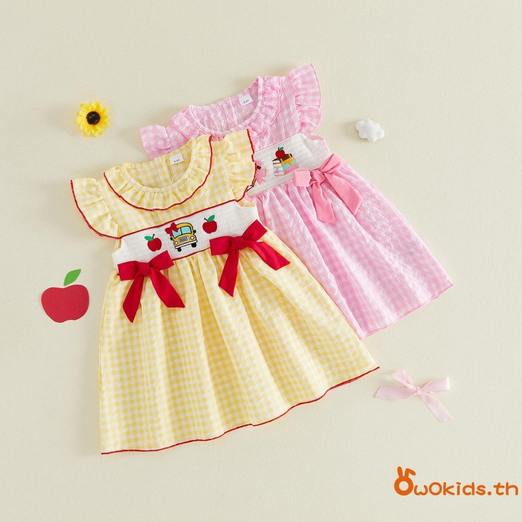 GRAO- เด็กผู้หญิง Back to School Dresses with Bows Plaid Apple Book Pencil ปัก Flutter Sleeve A-line Dress